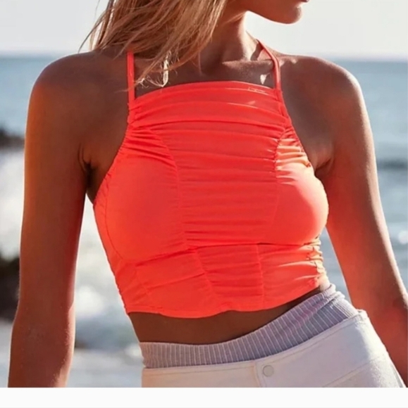 FREE PEOPLE FP Movement Shirr Enough Tank Neon Coral. Size Small NWT - Picture 1 of 9